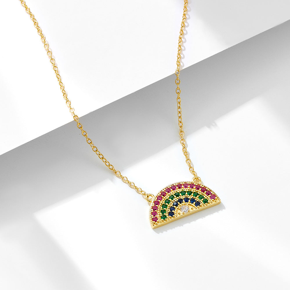 S925 Sterling Silver Geometric Semicircle Rainbow Zircon Necklace Pendant Clavicle Chain Women