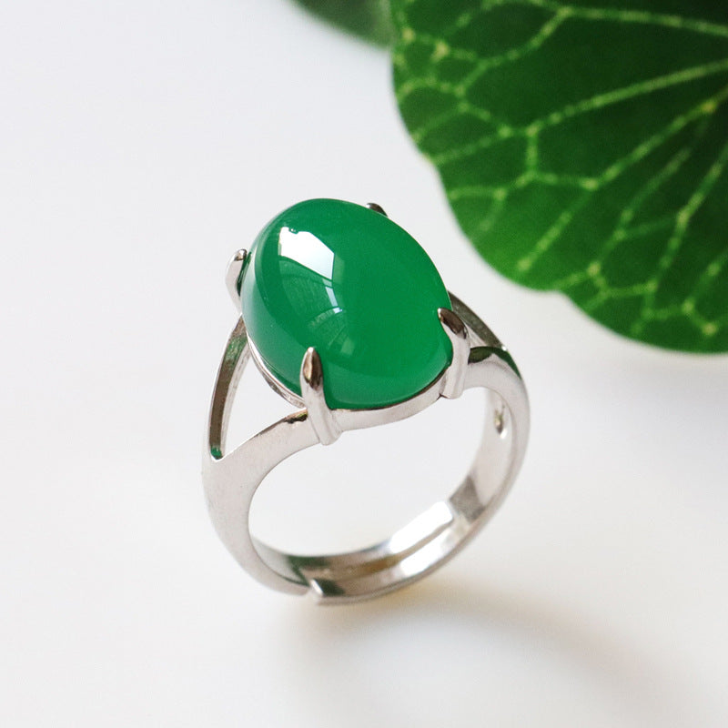 Modern Split Shank Sterling Silver Ring with Oval Green Chalcedony