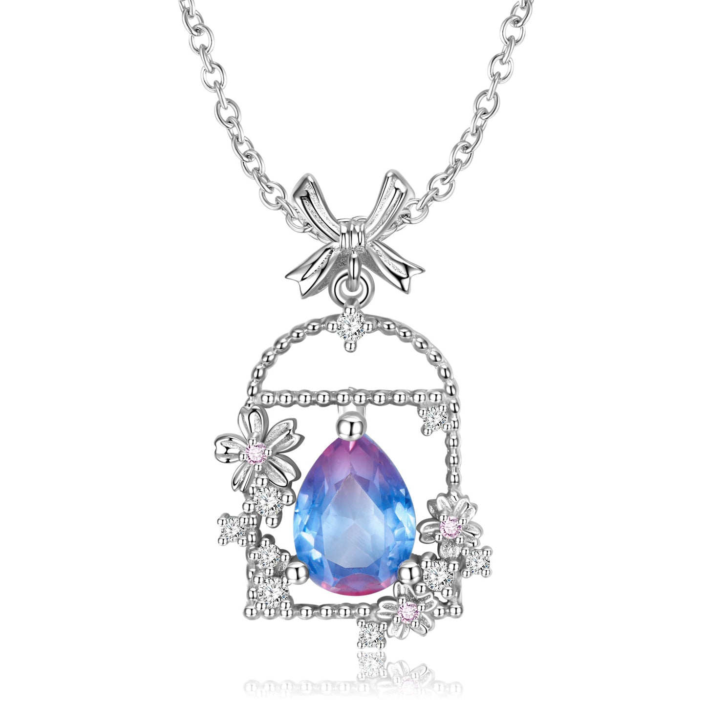 Bowknot Hollow Garden Pear Shape Crystal Silver Necklace