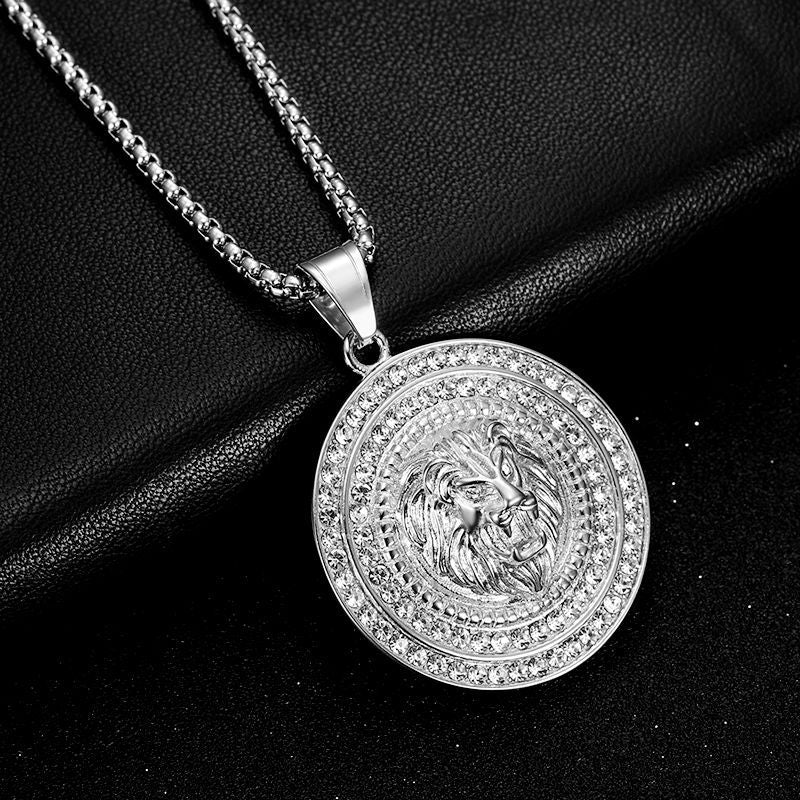 Rhinestone Necklace - Luxury Lion Head Pendant, Gold-Plated Stainless Steel, Planderful Hip Hop Jewelry