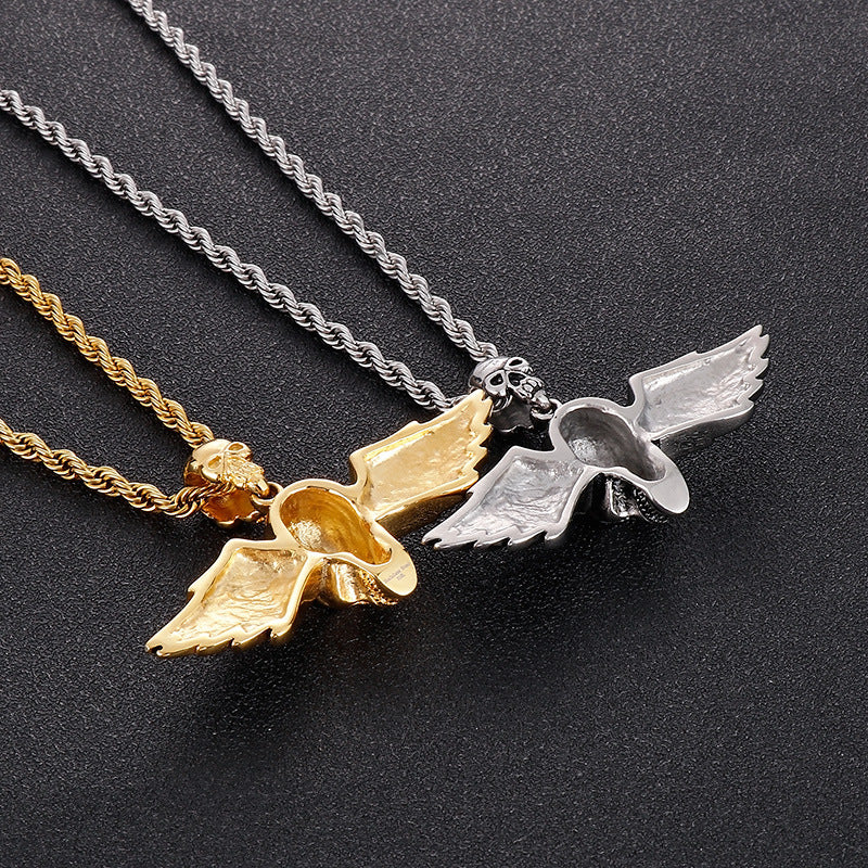 Trendy Hip Hop Skull Pendant with Angel Wings - Men's Titanium Steel Fashion Accessory