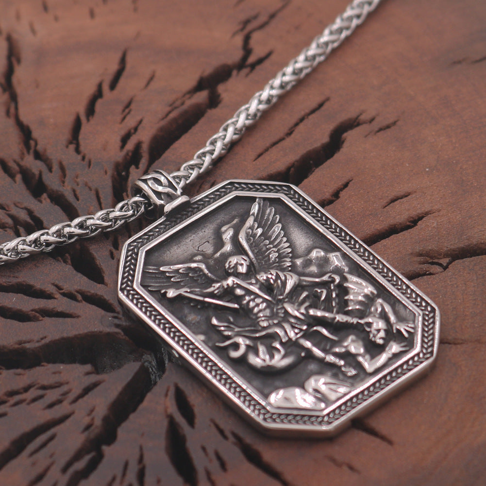 Mythical Angel Shield Pendant Necklace with Norse Runes Stainless Steel Chain