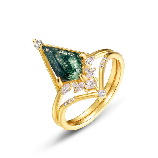 S925 Sterling Silver Moss Agate Geometric Ring