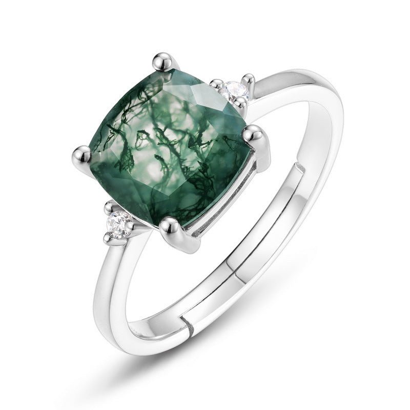 Planderful Jewelry Sterling Silver Agate Ring With Green Moss Stone For Everyday Elegance
