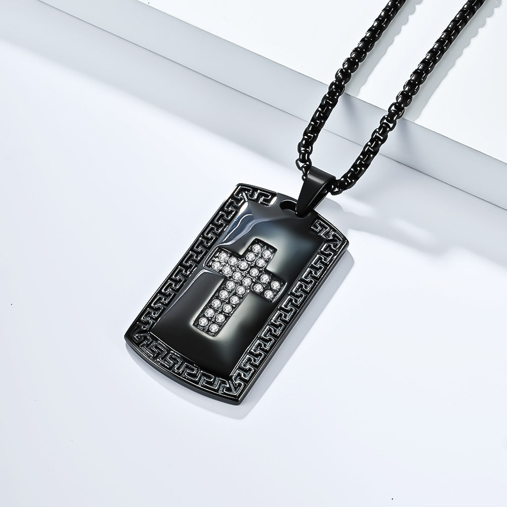 Planderful Cross Pendant Necklace For Men Retro European American Zircon Stainless Steel High Quality Everyday Wear