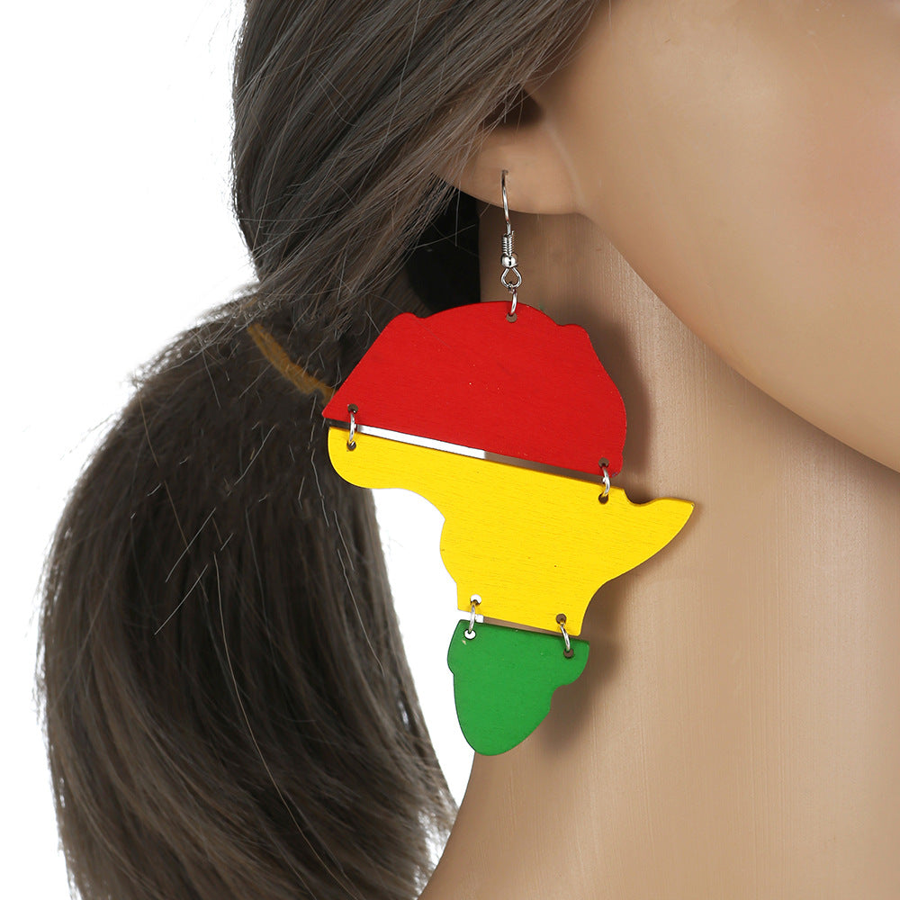 Multicolored Wooden Africa Map Drop Earrings - Vienna Verve Collection