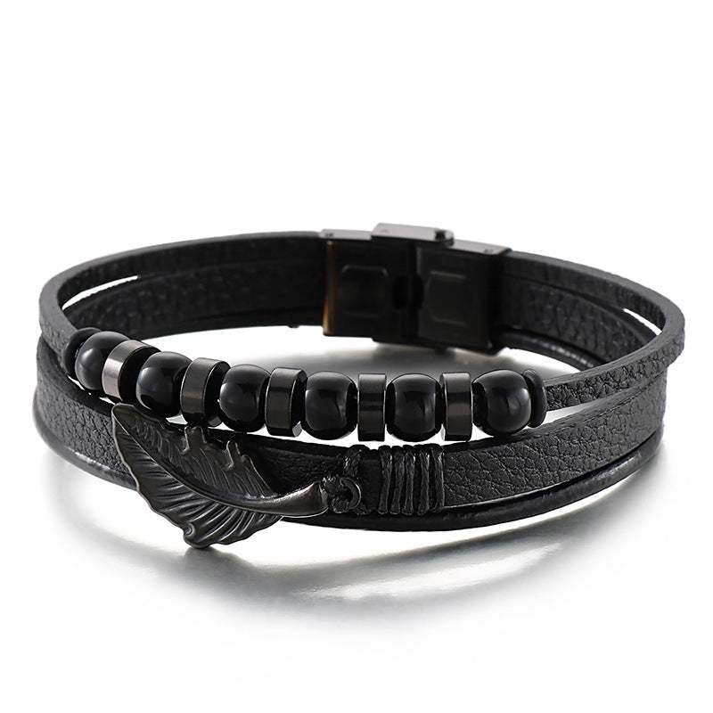 Planderful Multi Layer Feather Woven Leather Bracelet For Men