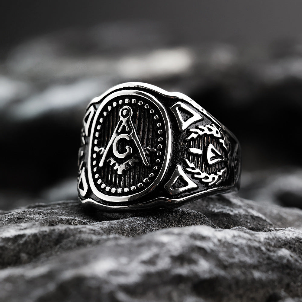 European And American Retro Stainless Steel Men's Ring Personalized Solid Masonic AG Ring For Men