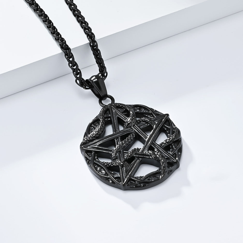 Planderful Pentagram Necklace Titanium Steel With Python Wrapped For Gothic Punk Lovers