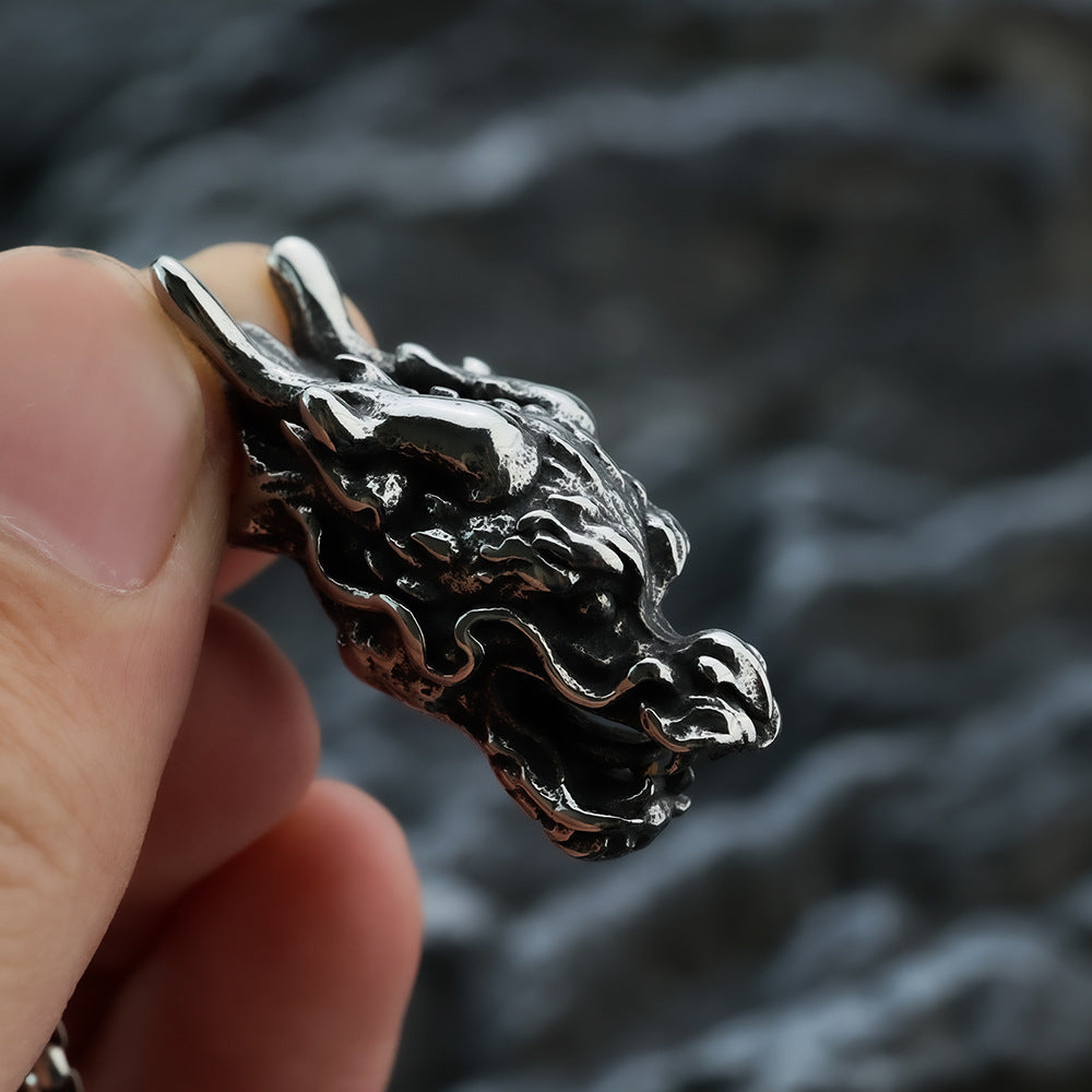 European And American Retro Stainless Steel Dragon Head Pendant Necklace For Men