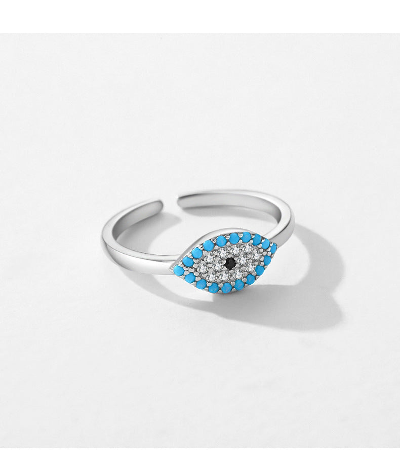 Retro Sterling Silver Turquoise Devil's Eye Ring with Blue Zircon - Adjustable Opening