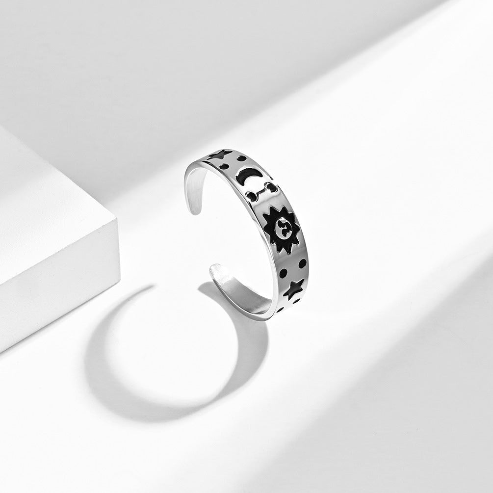 Planderful Titanium Steel Ring Unisex Adjustable Sun Star Smiling Face Jewelry Retro Style