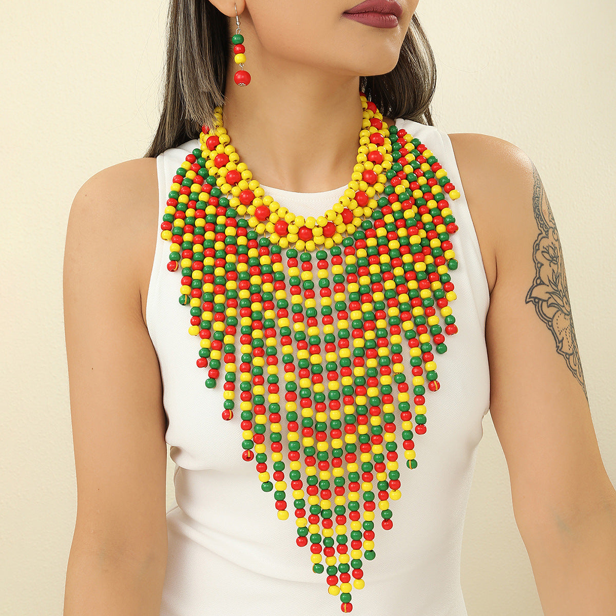 Savanna Rhythms Wooden Bead Tassel Necklace Earring Set
