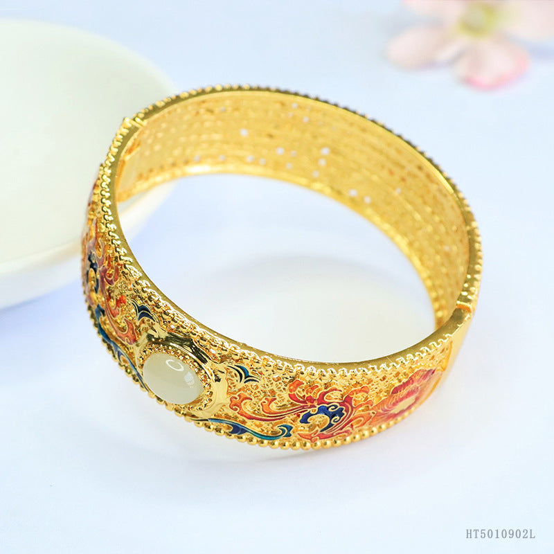 Qingshui Hetian Jade Enamel Dragon & Phoenix Bangle