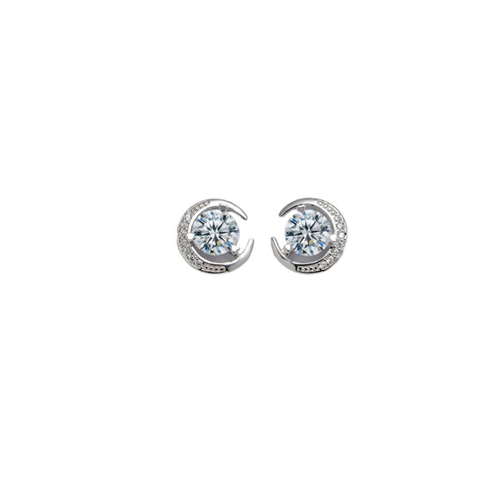 Round Zircon Crescent Moon Sterling Silver Stud Earrings