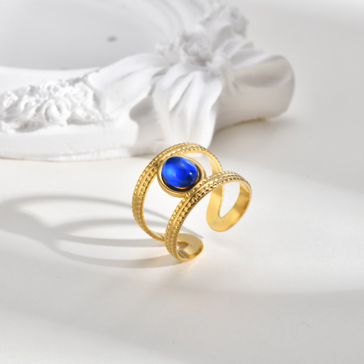 Stainless Steel French Color Amber Stone Double Open Ring