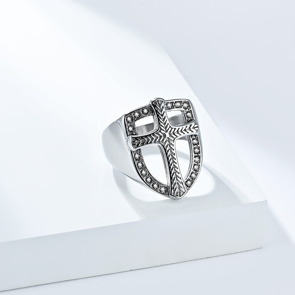 Planderful Shield Cross Ring For Men Zircon Set Retro Style Bold Fashion Everyday Genie Size Seven To Thirteen