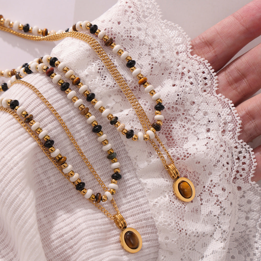 Tiger's Eye Stone Pendant Necklace with Titanium Steel Collarbone Chain