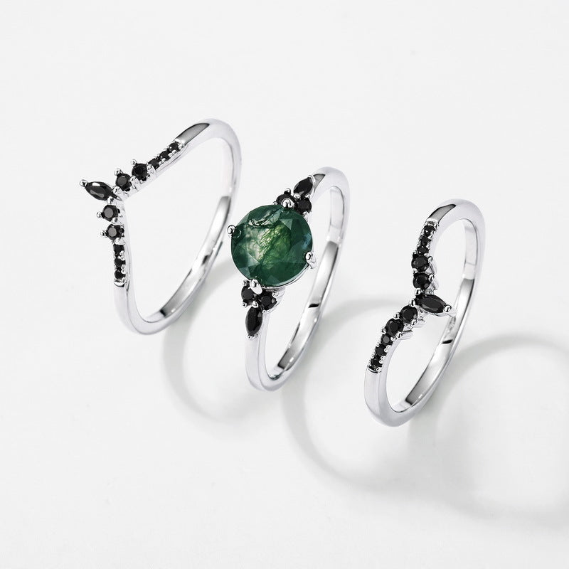 Planderful Jewelry Sterling Silver Agate Ring With Green Moss Aquatic Stone V Shaped Design