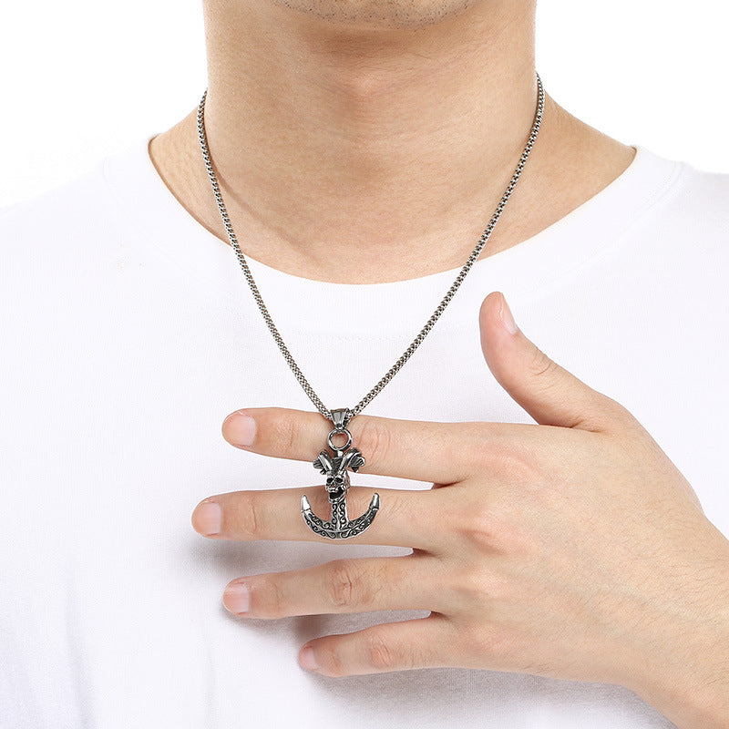 Dark Retro Nautical Rudder Pendant, Punk Retro Cross Skull Head Anchor Titanium Steel Necklace