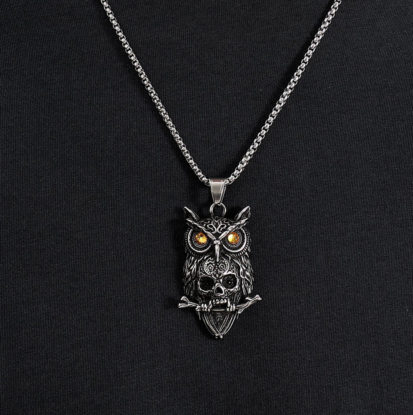 Planderful Owl Skull Pendant Necklace Retro Punk Stainless Steel Statement Jewelry For Goth Fashion