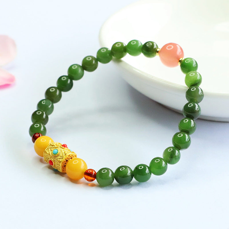 Hetian Jasper Beaded Bracelet with Gold-Tone Accents
