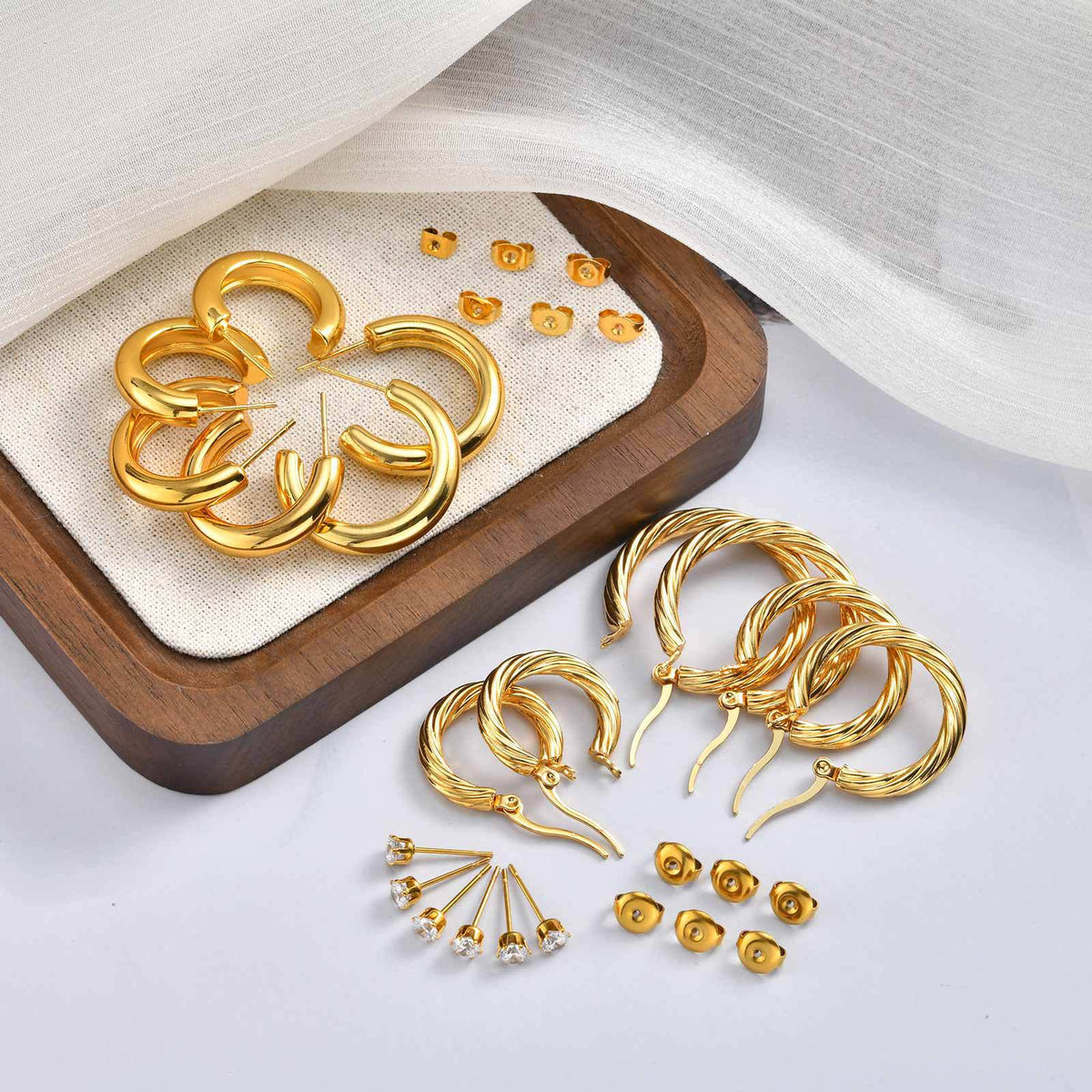Gold-Tone Earring Set — Crystal Studs or Hoops