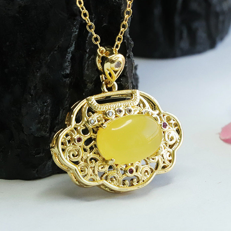 Ethnic Style Sterling Silver Ruyi Pendant with Beeswax Amber