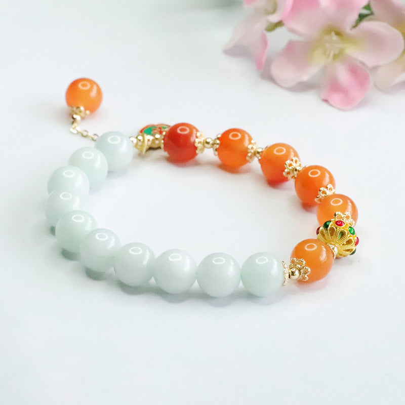Jadeite Round Bead & Golden Silk Jade 10 mm Beaded Bracelet