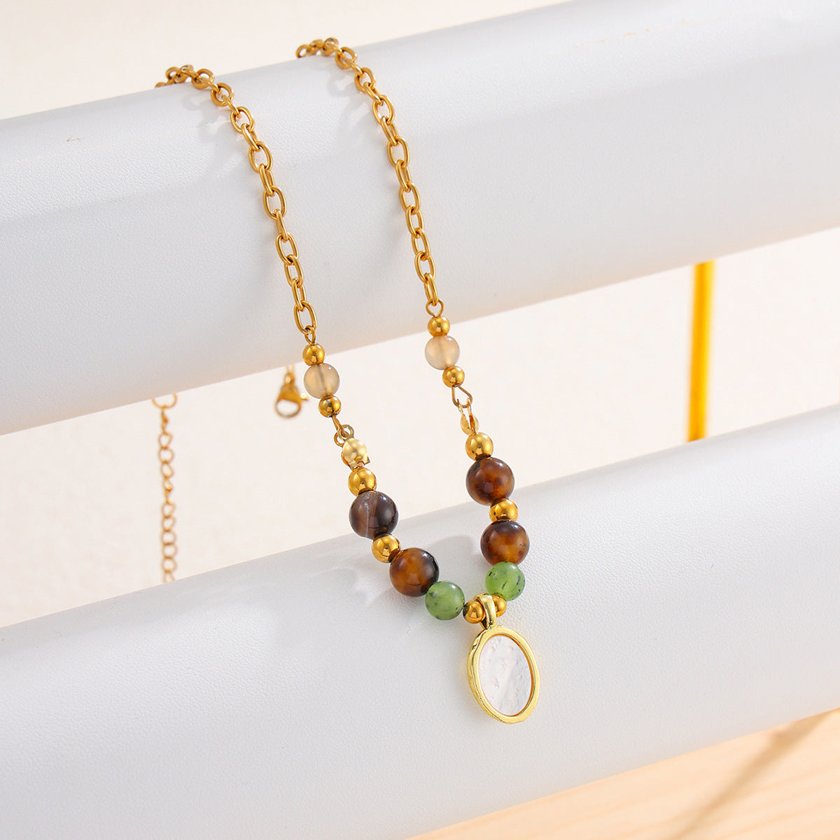 Vacation Gravel Pendant Beaded Collarbone Chain Retro Colored Gemstone Stainless Steel Neck Necklace