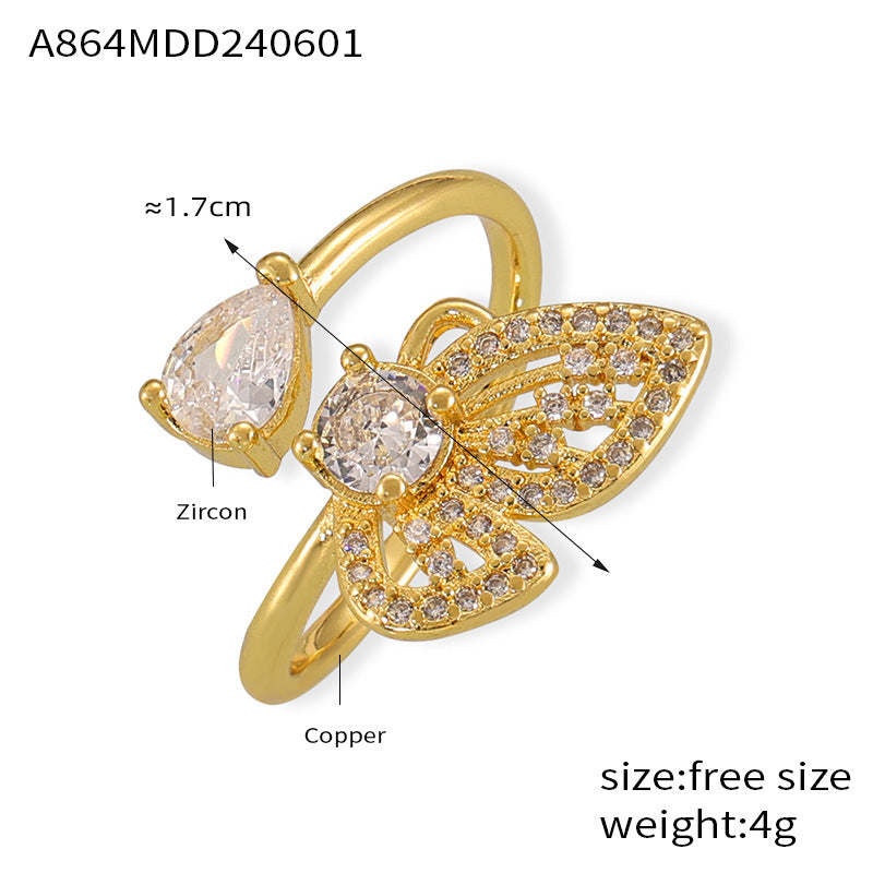 Butterfly Charm Copper Ring with Zircon Accent