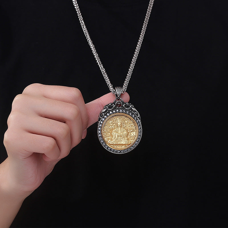 Steel Necklace – Elegant Long Pixiu Ethnic Stone Inlaid Design With Wutai Mountain Motif For Men