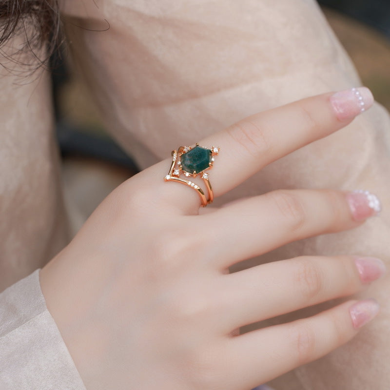Planderful Jewelry Moss Agate Ring, Sterling Silver Hexagon