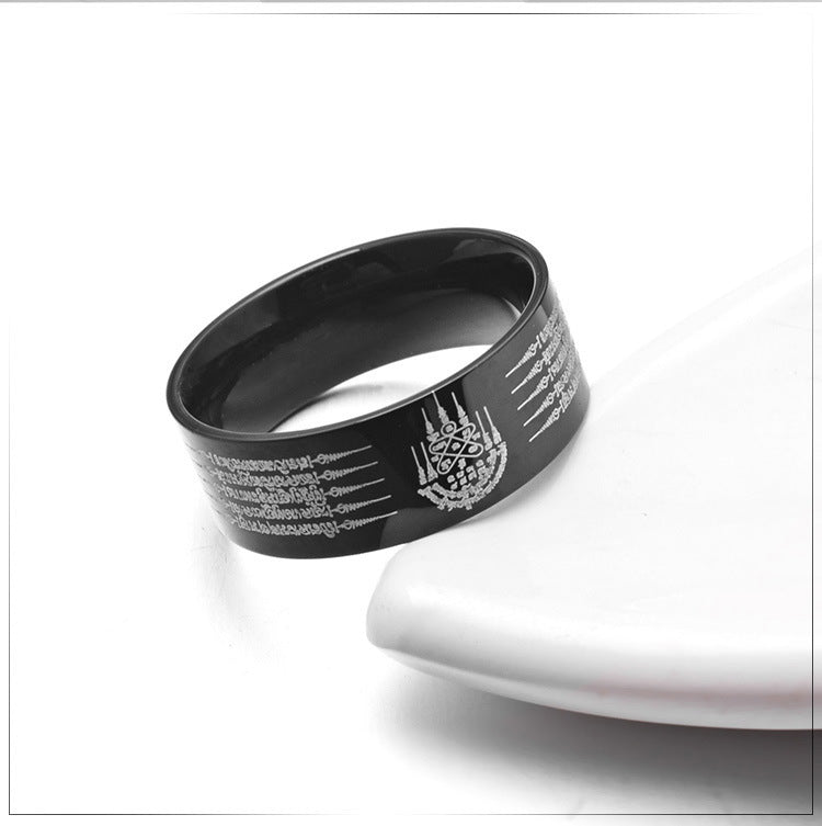Five Scriptures Titanium Steel Ring with Diamond Rune for Men
