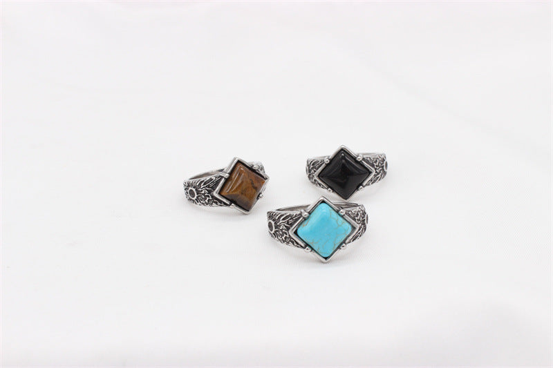Planderful Stone Inlaid Stainless Steel Ring Unisex Retro