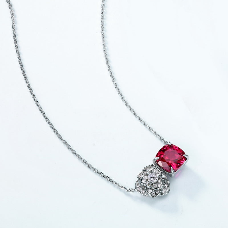 S925 Sterling Silver Lab-Grown Ruby Rose Pendant Necklace