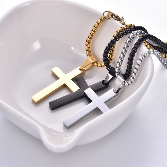 Planderful Men's Titanium Steel Cross Necklace Glossy Pendant Hip Hop Style Korean Version Everyday Genie
