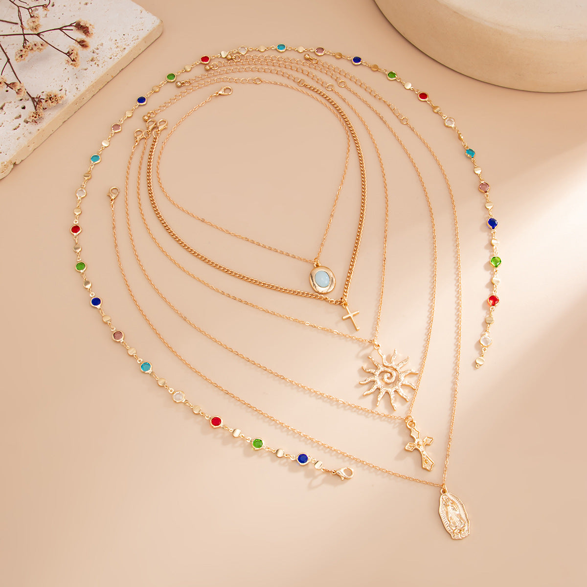Sun Gem Pendant Stacked Necklace Color Crystal Y-Shaped Long Fringed Necklace