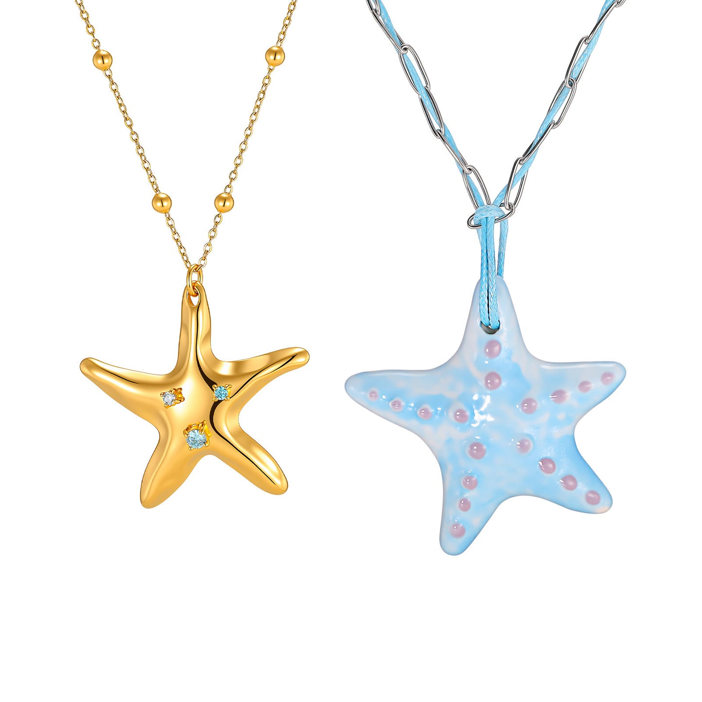 Seaside Vacation Wind Collarbone Chain Stainless Steel Ceramic Starfish Shallow Lake Blue Necklace
