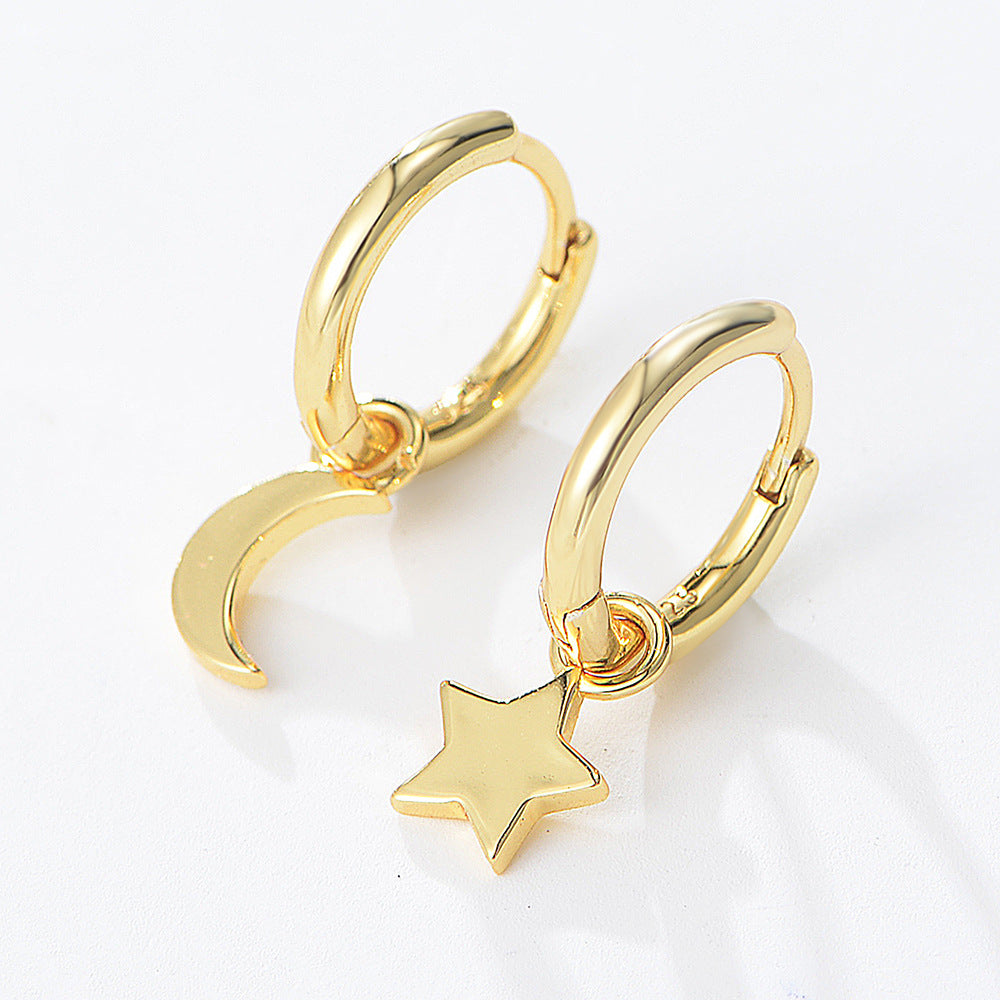 S925 Sterling Silver Star Moon Earrings Asymmetrical Gold-Plated Earrings