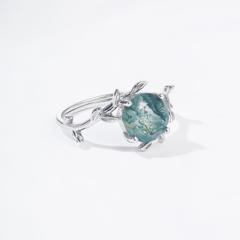 S925 Sterling Silver Moss Agate Vintage-Inspired Ring
