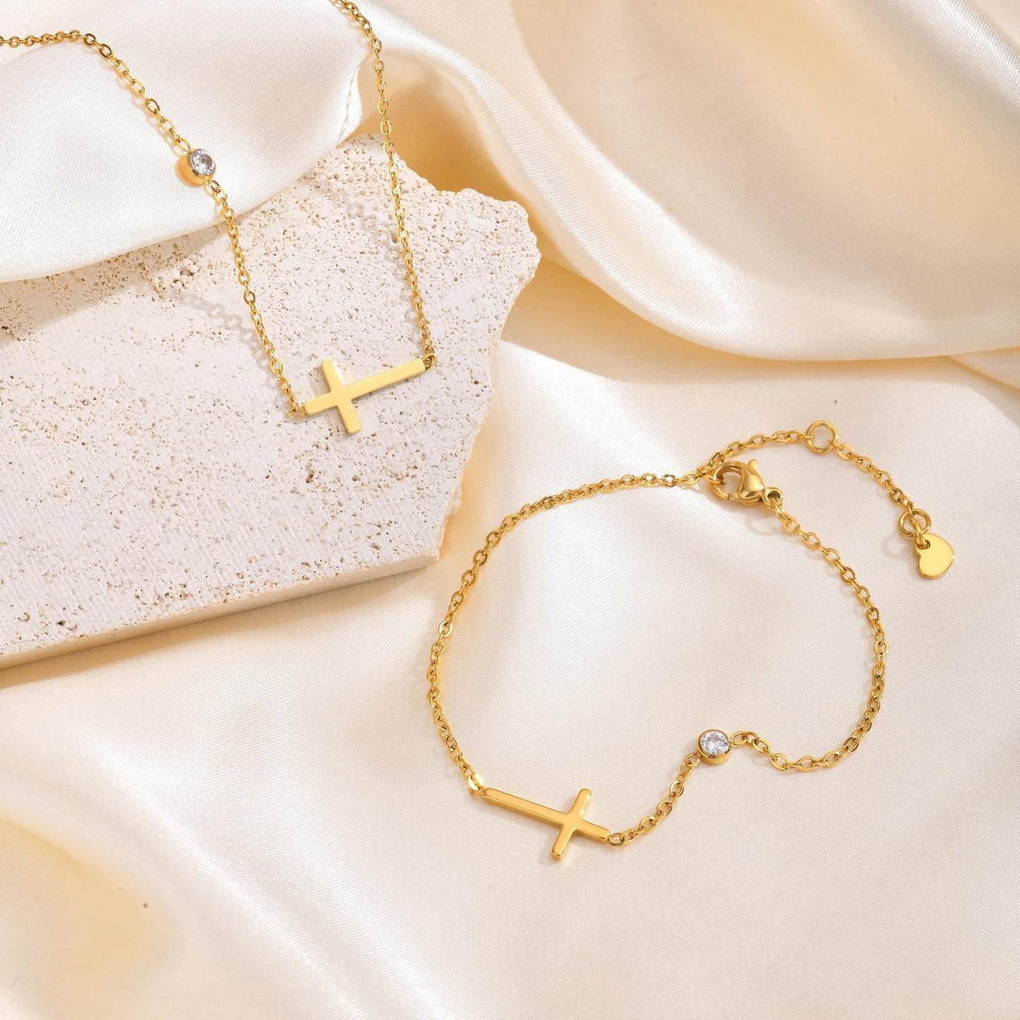 Stainless Steel Cross White Zircon Gold Necklace Bracelet Female