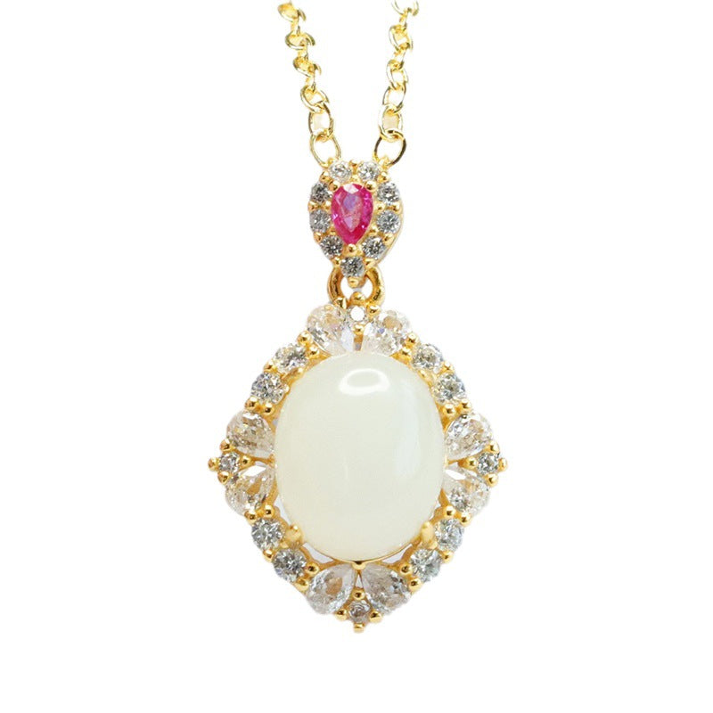 Hotan White Jade Zircon Necklace with Sterling Silver Pendant