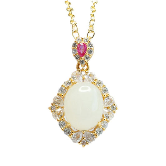 Hotan White Jade Zircon Necklace with Sterling Silver Pendant