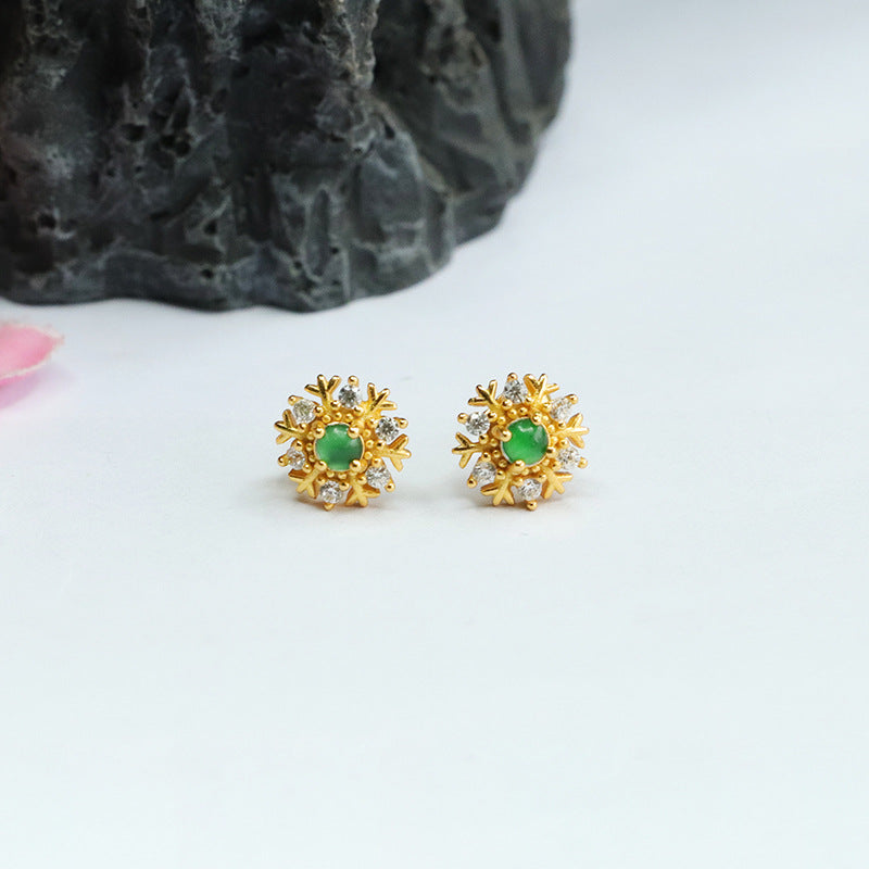 Icy Green Jadeite Snowflake 925 Silver Stud Earrings