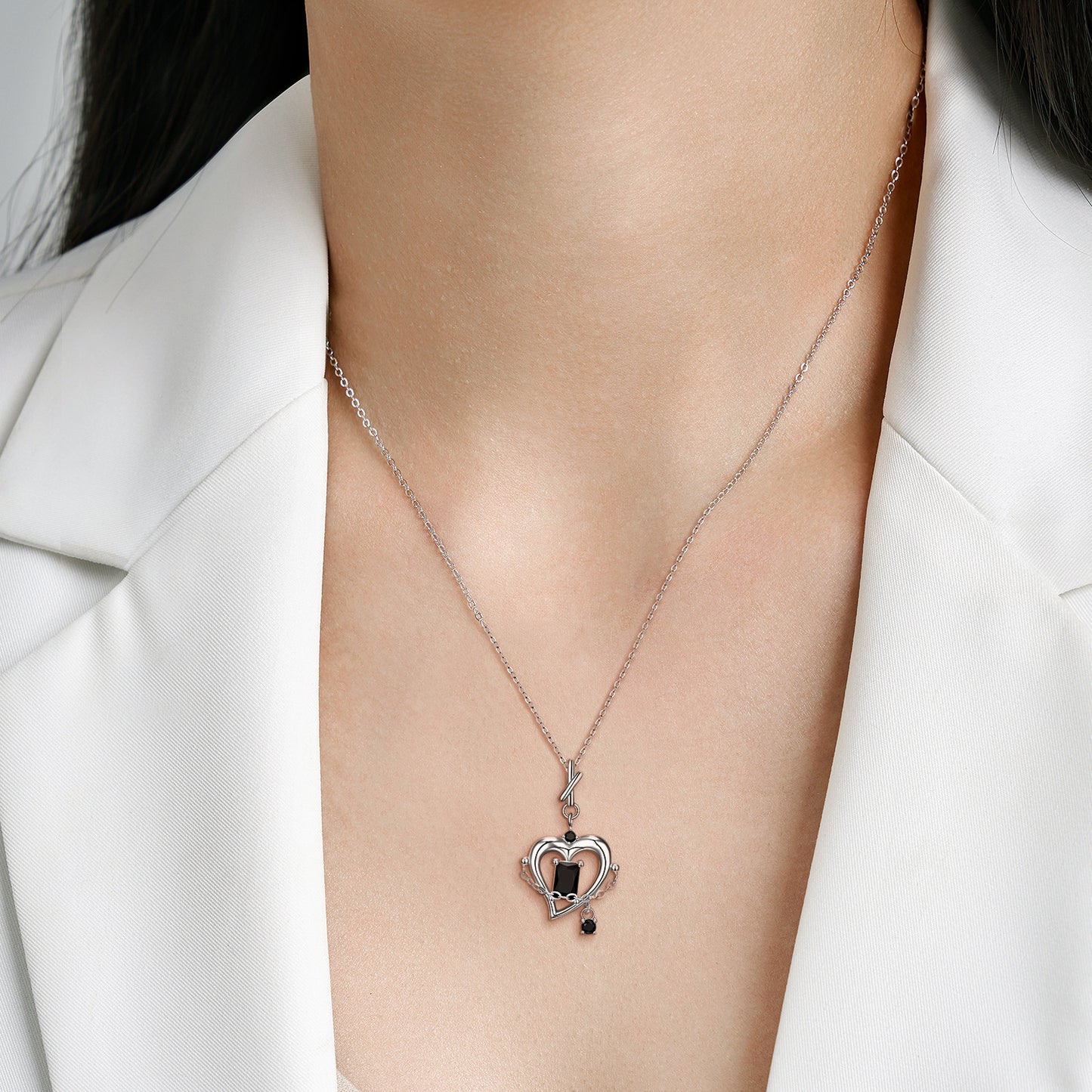 Hollow Heart Shape with Black Zircon Silver Necklace