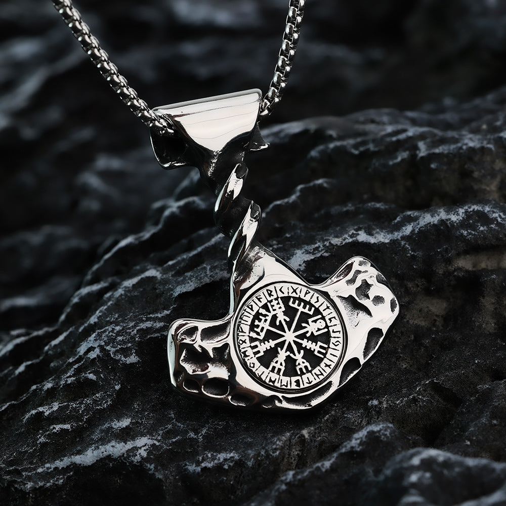 Vintage Men's Stainless Steel Viking Anchor Compass Rune Necklace