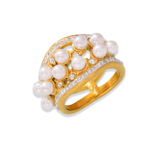 Elegant Hepburn Style Gold-Plated Zircon Ring with Bead Inlay