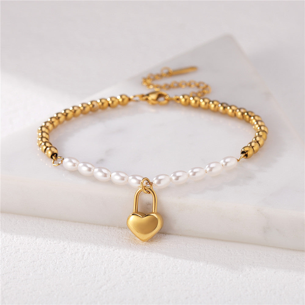 Planderful Beaded Pearl Bracelet Minimalist Peach Heart Durable Titanium Steel For Women And Men Fashionable Statement