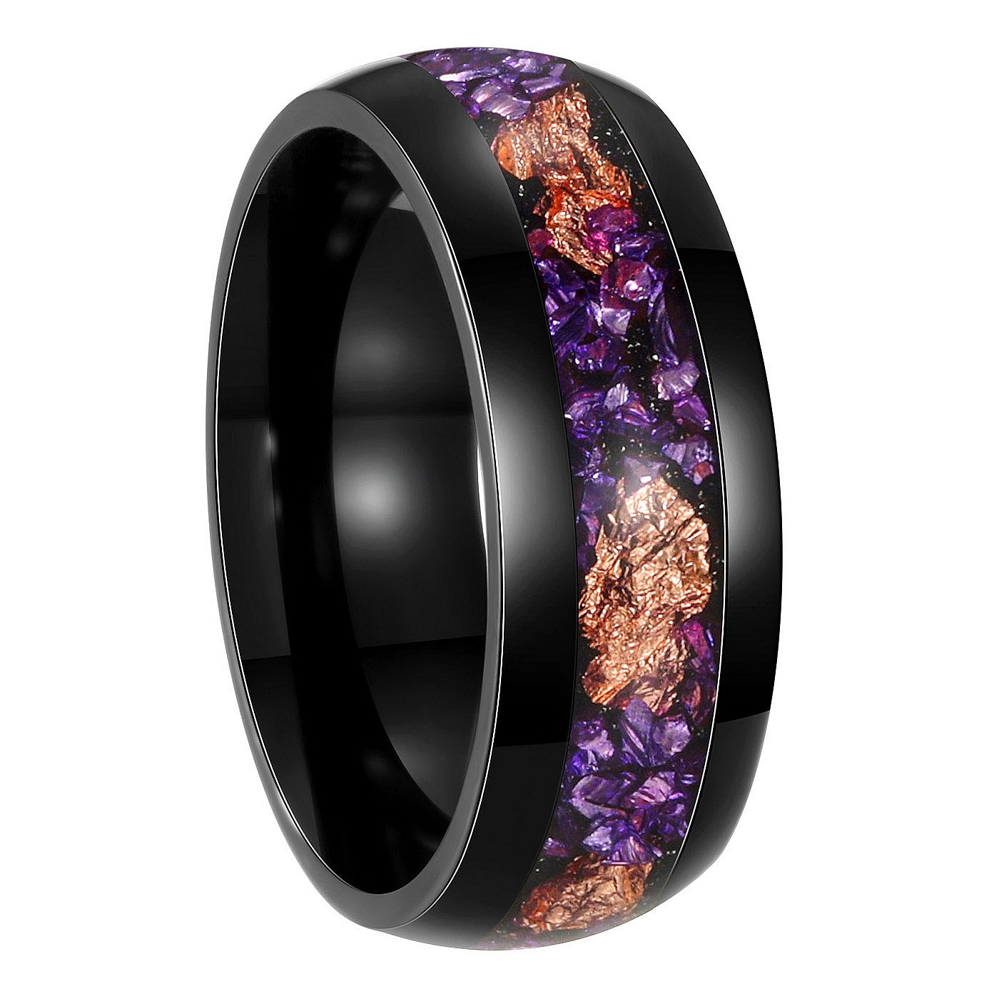 Planderful Mens Amethyst Inlaid Black Titanium Steel Ring